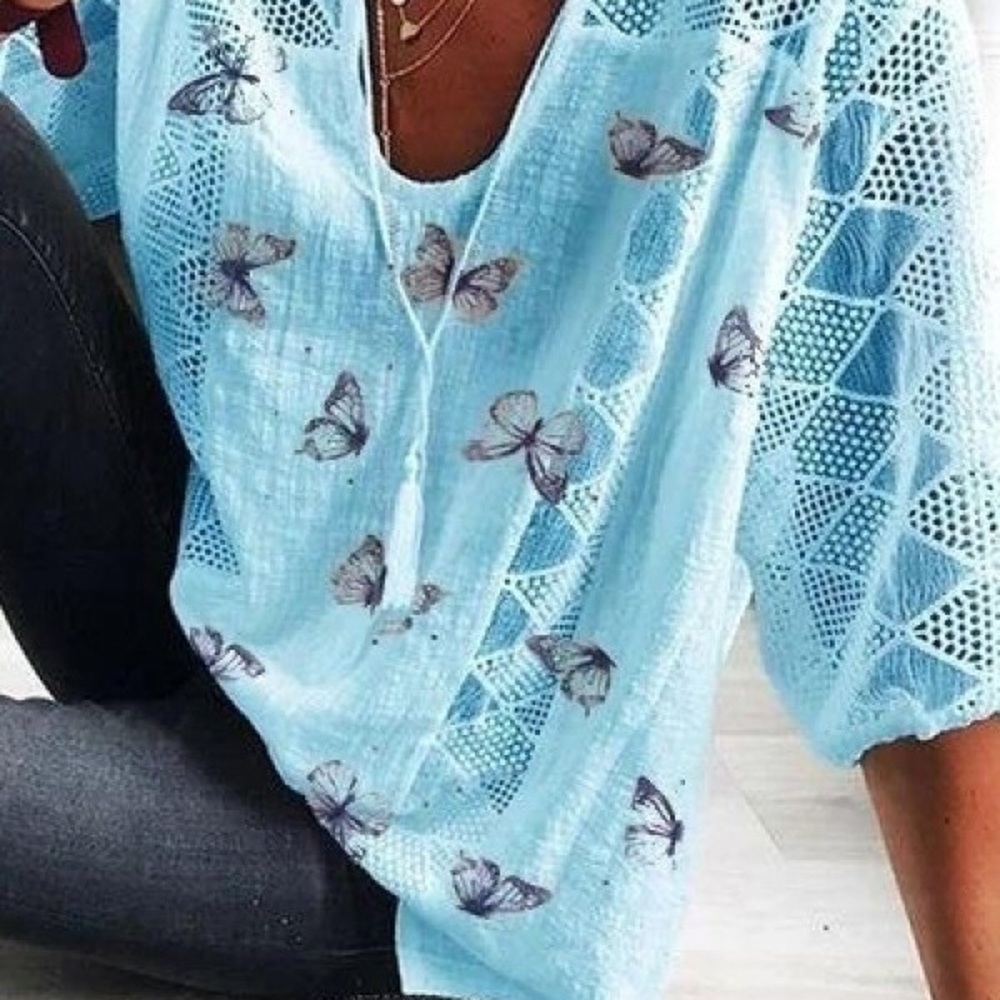 Blue Butterfly Top with lace sleeves